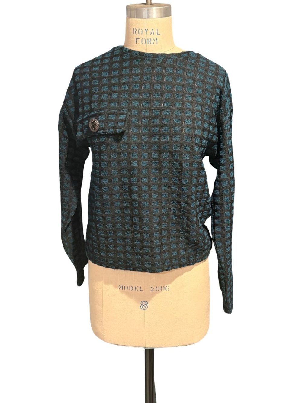Zara Teal & Black Textured Knit Sweater - Grid Pattern Pullover with Pocket Deta